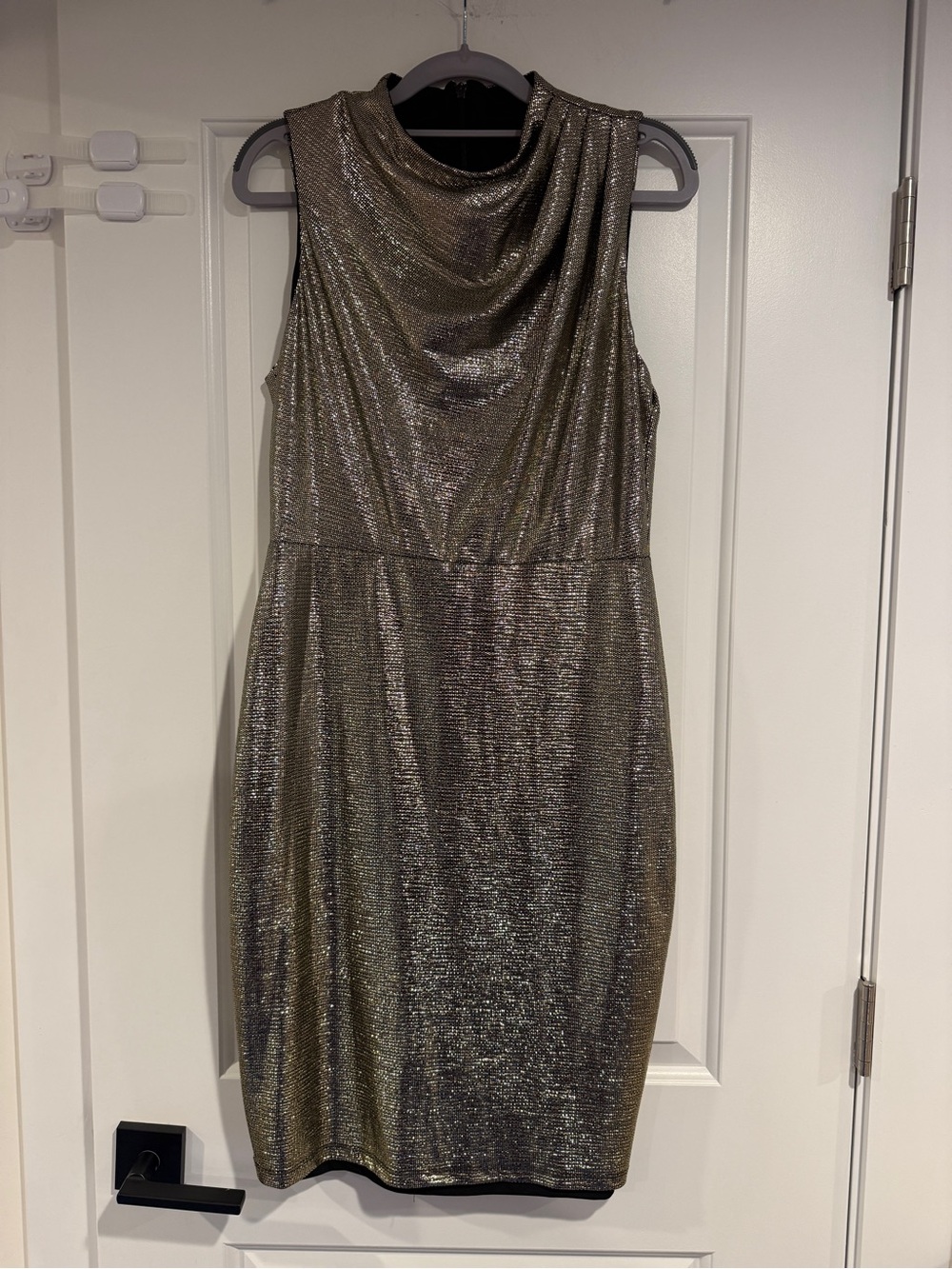 Black Halo Corinne Golden Gecko Gold Foil Sheath Dress Women's Size 10 NWT